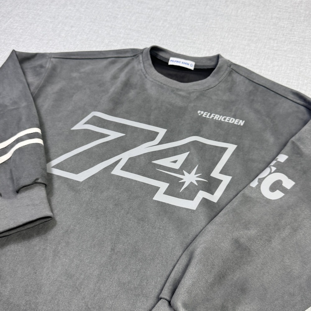 ELFRIC EDEN Sweatshirt Mens Large Gray Pullover Crew Neck Graphic Stretch Fleece